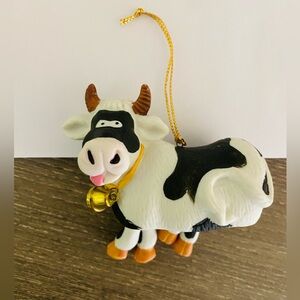 Festive Ceramic Cow Ornament with Bell, Made in Taiwan
